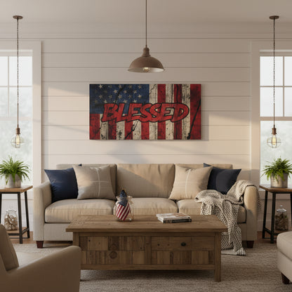 Vintage American flag design with the word 'BLESSED' on a gallery wrapped canvas wall art.
