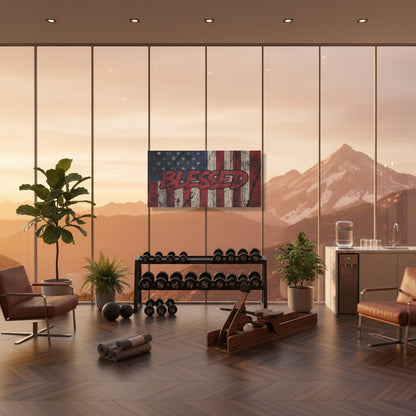 Modern home gym with mountain view and a hanging 'Blessed' text Vintage American flag backdrop canvas wall art.