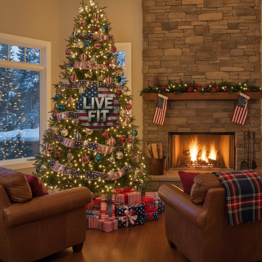 Decorated Christmas tree with presents in a living room with a fireplace.