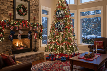 A decorative LIVE FIT vintage American flag backdrop ornament on a Christmas tree in a living room with a fireplace and presents.