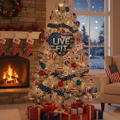 Heart-shaped ceramic ornament with 'LIVE FIT' text with a vintage American flag backdrop.