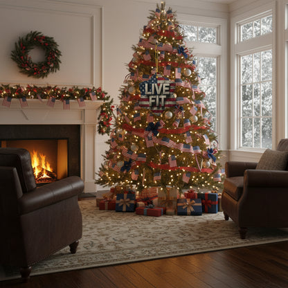 Star-shaped ceramic ornament with 'LIVE FIT' text with a vintage American flag backdrop design.