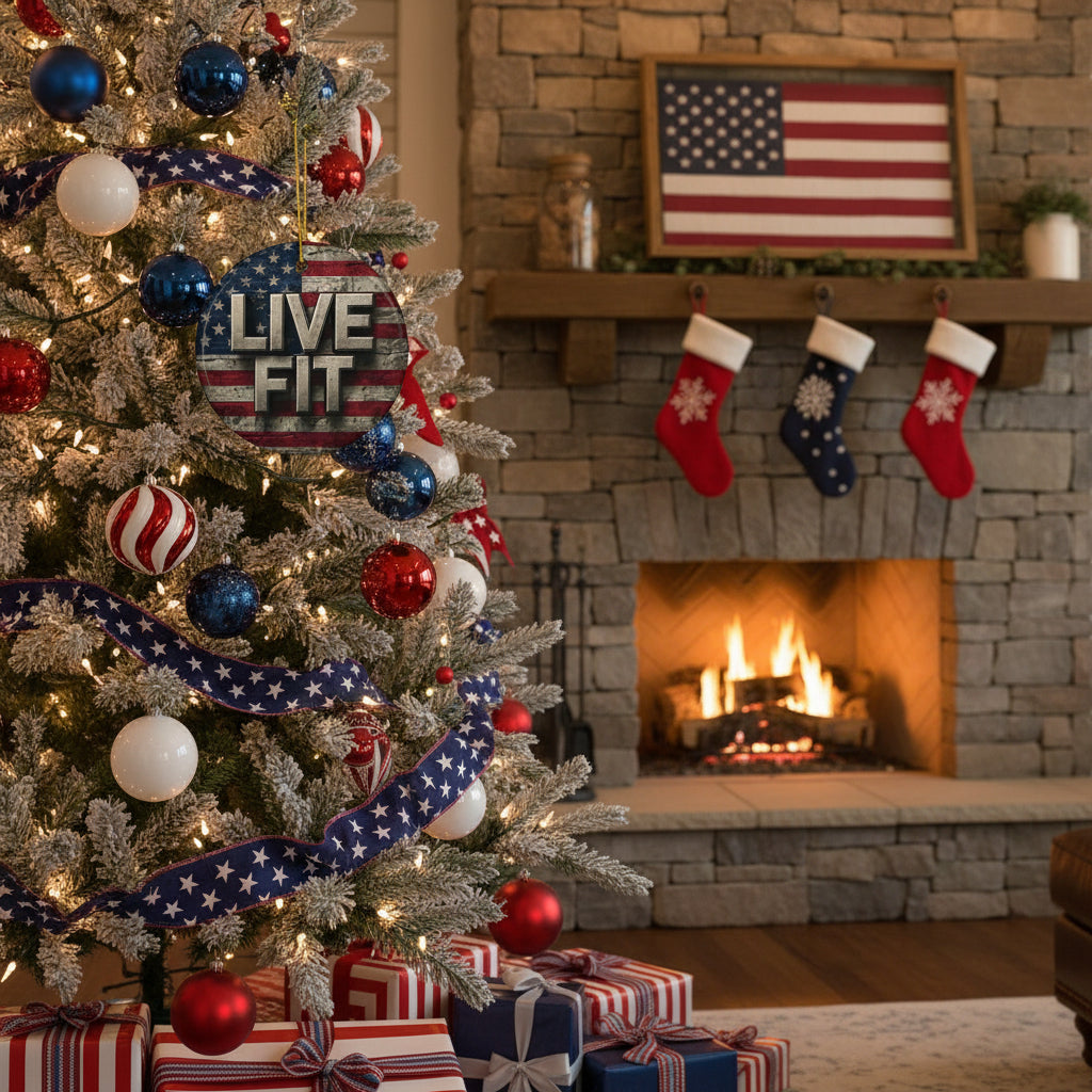 Decorated Christmas tree with a ceramic decorative LIVE FIT vintage American flag theme in a living room with a fireplace and stockings.