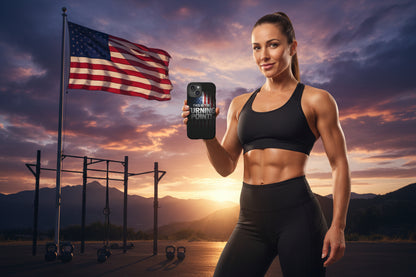 Woman in athletic wear showing a This Is The Turning Point! cell phone case with an American flag in the background.