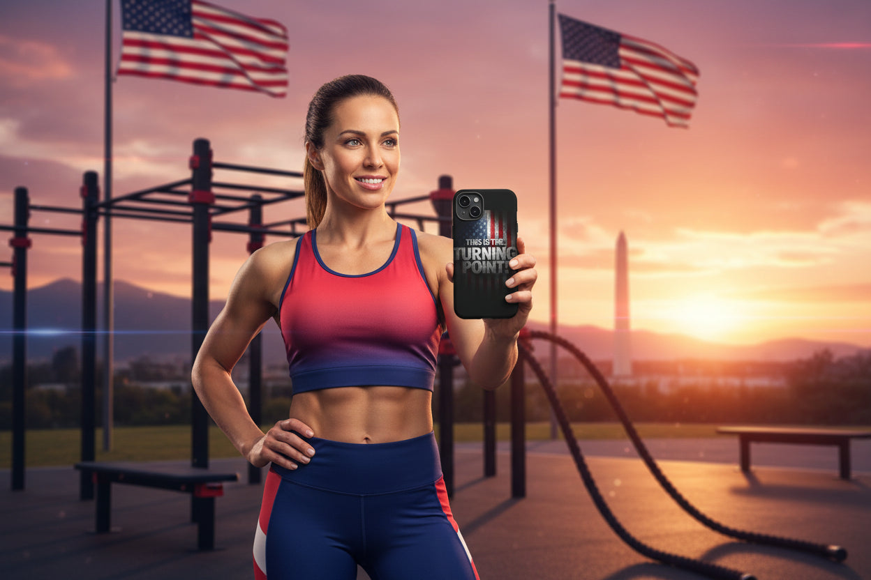 Woman showing a cell phone cover: This Is The Turning Point! with a scenic background featuring American flags and a sunset.