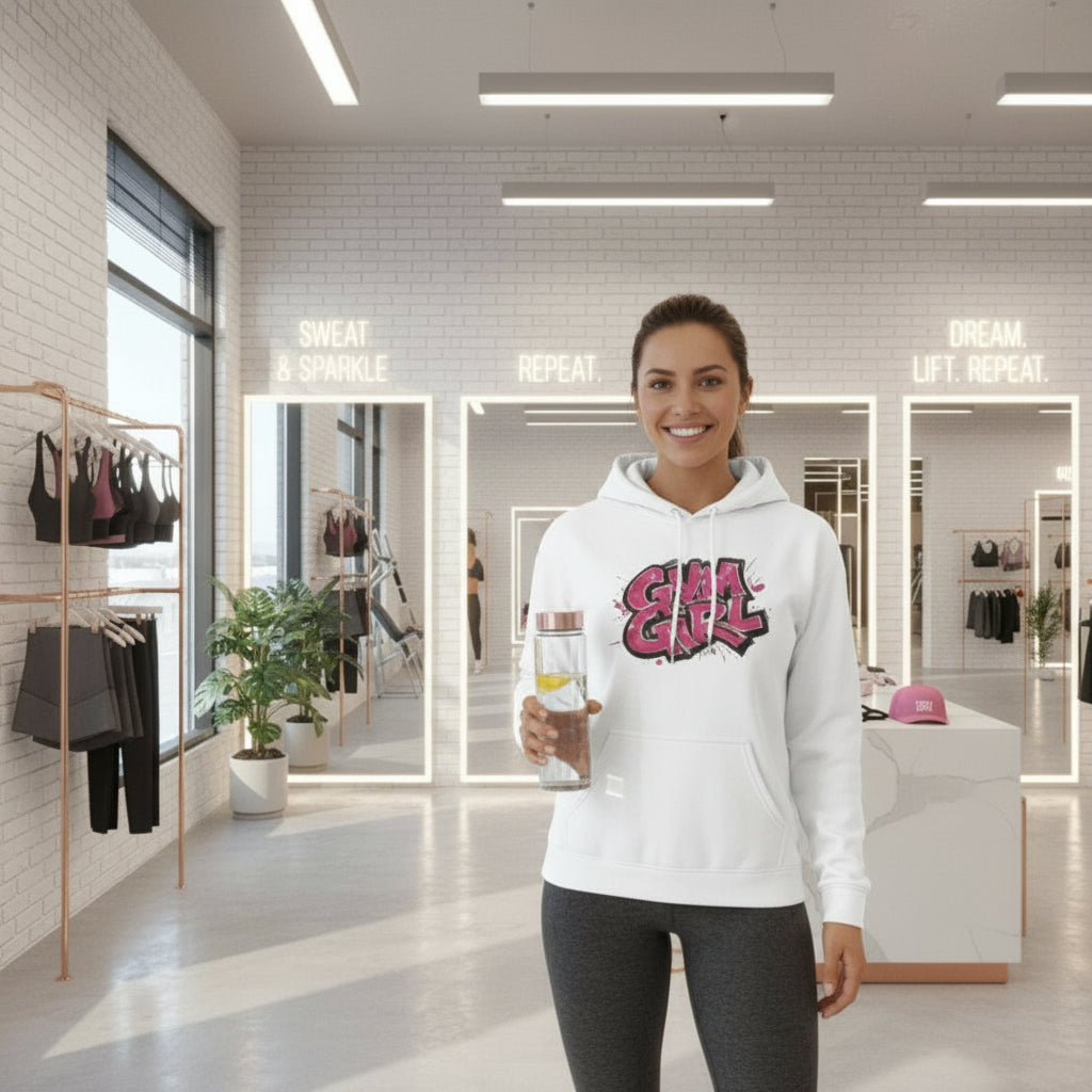 A female is standing in a women's fitness shop wearing a white hoodie sweatshirt that says GYM GIRL.