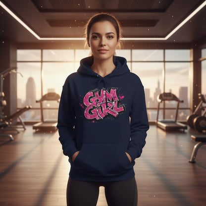 Navy blue hoodie with 'Gym Girl' text in pink on a wooden floor in a gym setting
