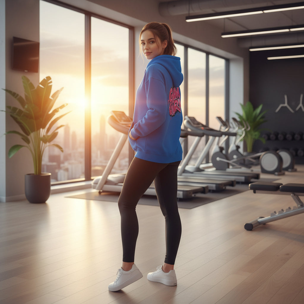Blue hoodie with pink 'Gym Girl' text on the back against a scenic home gym background