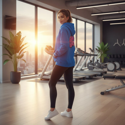 Blue hoodie with pink 'Gym Girl' text on the back against a scenic home gym background
