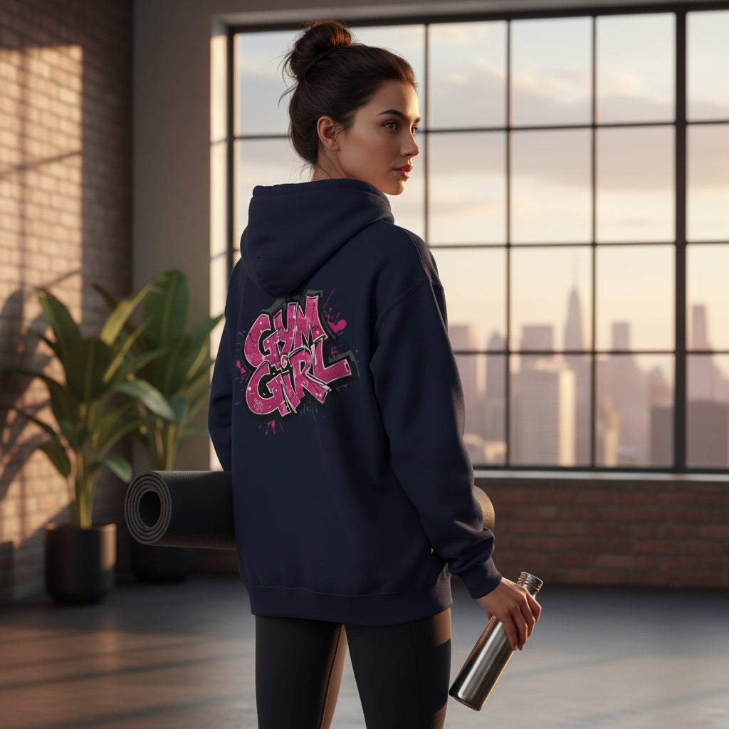 Navy blue hoodie with pink 'Gym Girl' text on the back against a scenic background