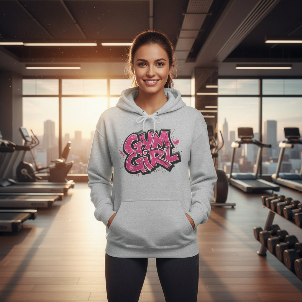 Gray hoodie with 'Gym Girl' text in pink and black on a wooden floor in a gym setting.