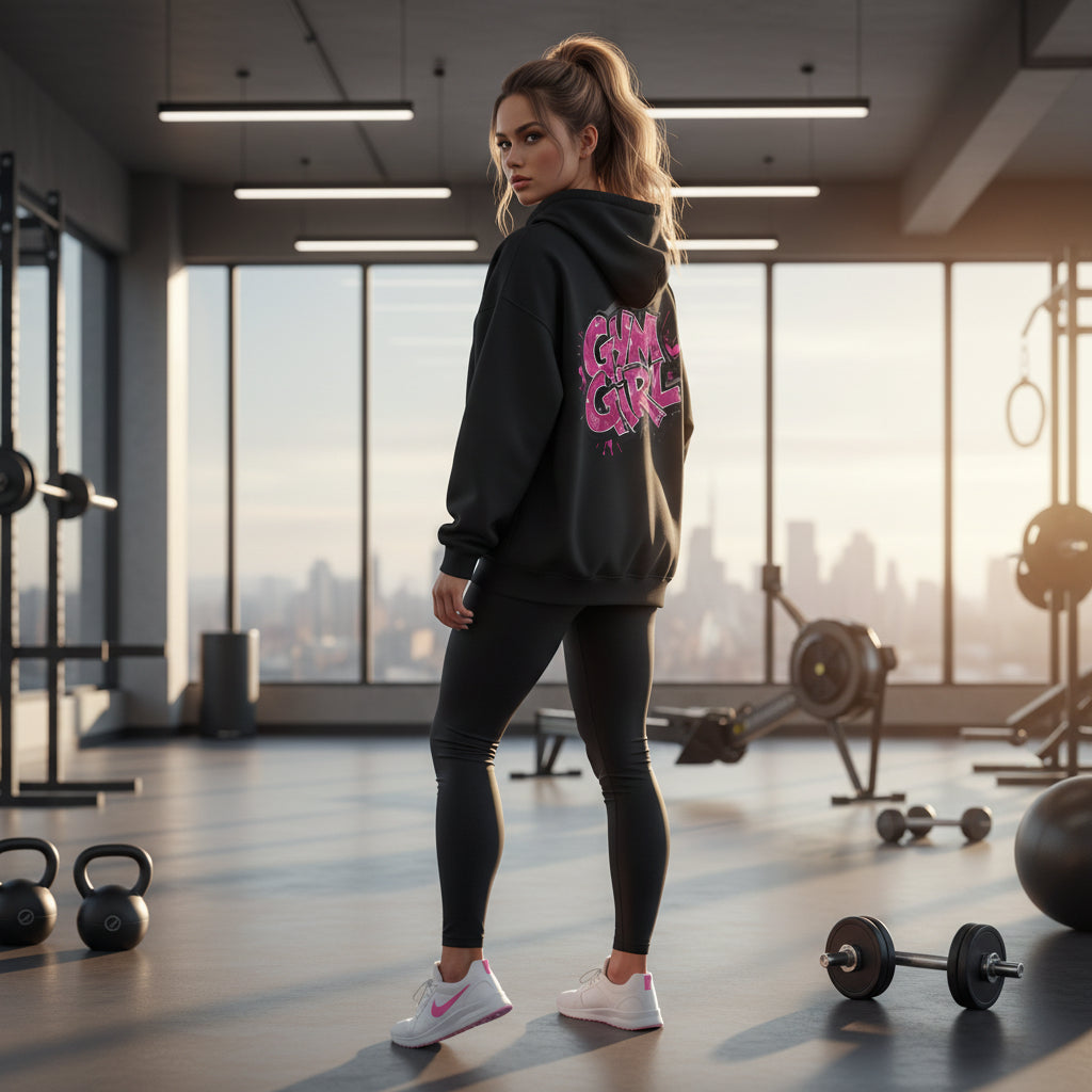 Black hoodie with 'Gym Girl' text in pink on the back against a home gym background.