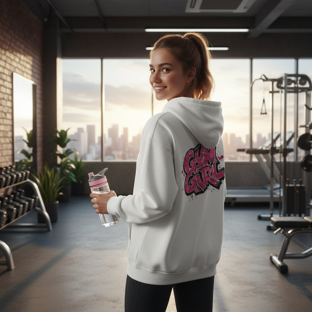 a female wearing a white hoodie with pink 'Gym Girl' text on the back against a home gym background