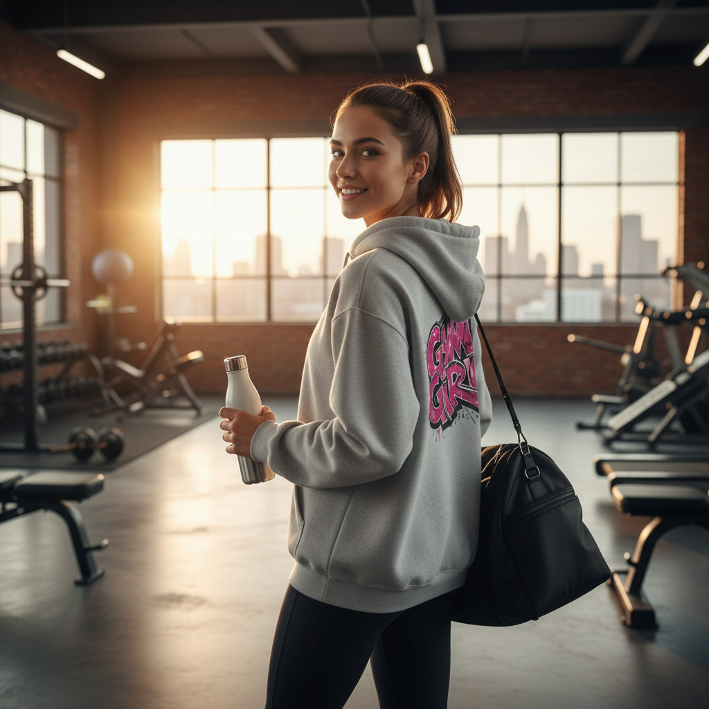 Gray hoodie with pink 'Gym Girl' text on the back against a scenic home gym background