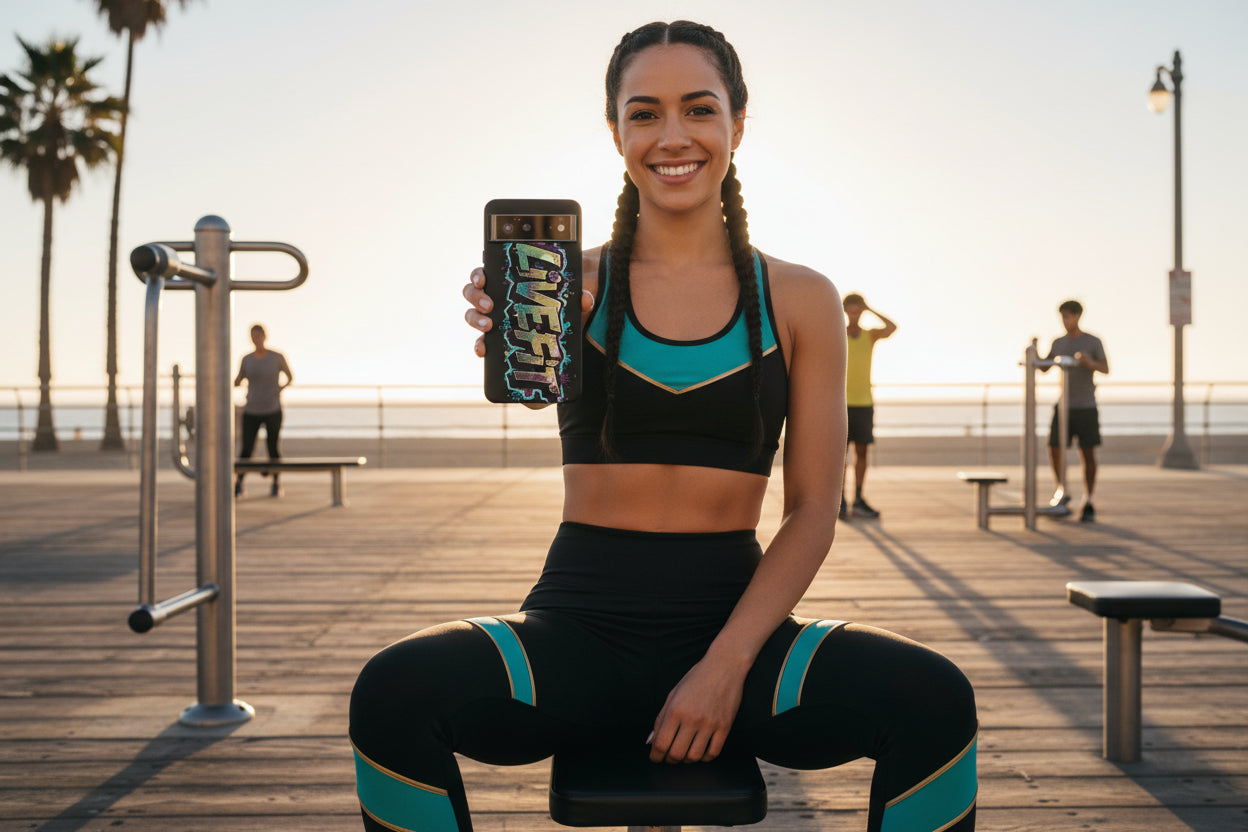 A woman in athletic wear holding a LIVE FIT phone case with a beach and palm trees in the background.
