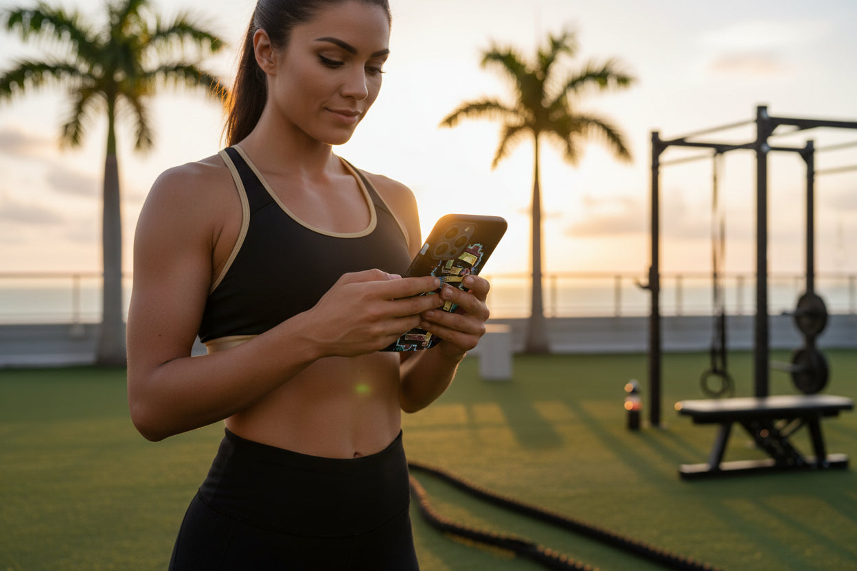 A woman in athletic wear showing  a LIVE FIT phone case in a park setting with palm trees and exercise equipment.
