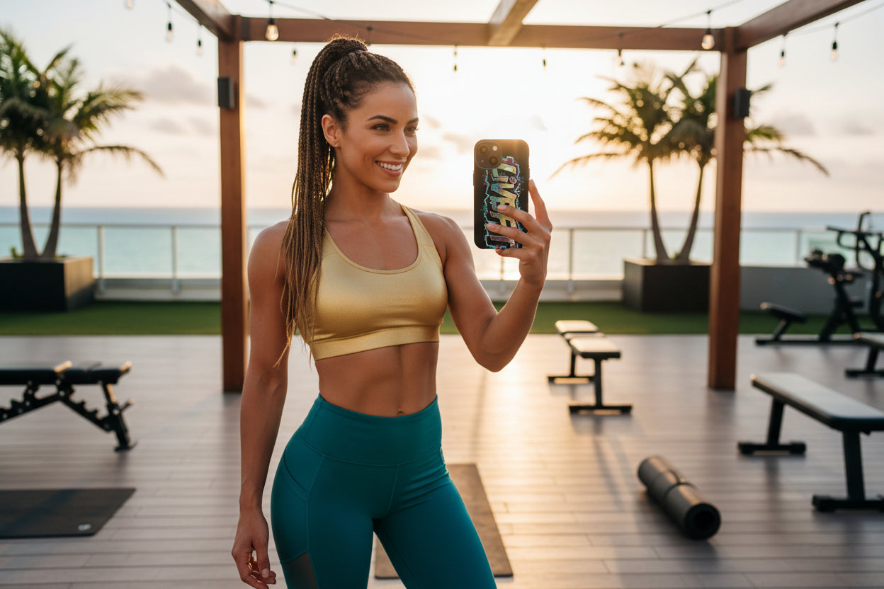 A woman in workout attire, taking a selfie and showing a LIVE FIT phone case in a fitness studio with an ocean view.