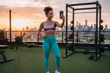 A woman taking a selfie in a gym showing  a LIVE FIT phone case with a city skyline in the background.