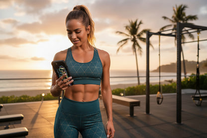A woman in athletic wear showing a LIVE FIT phone case at a beachside fitness area with palm trees and sunset.