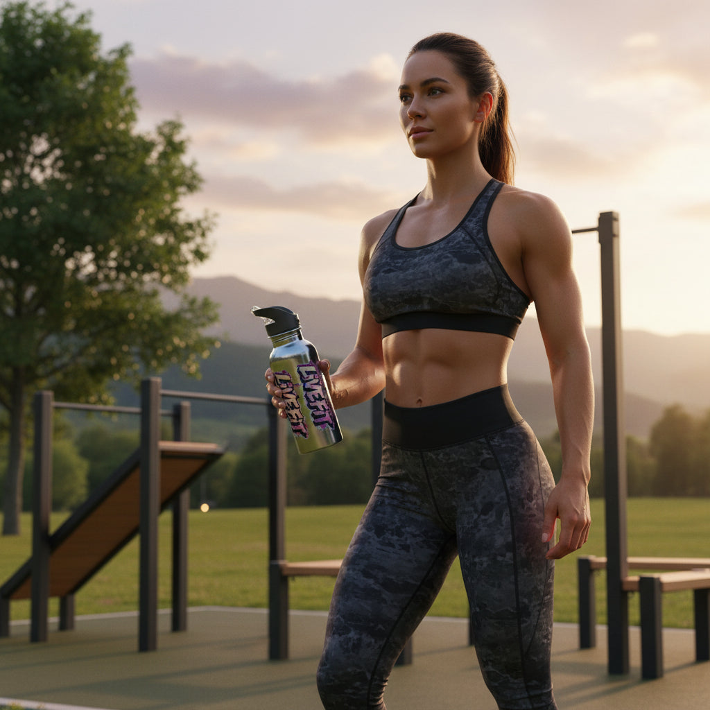 Woman in athletic wear holding a Live Fit water bottle outdoors with a scenic background.