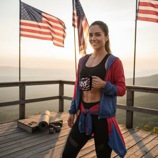 Woman in athletic wear holding a mug with American flags in the background