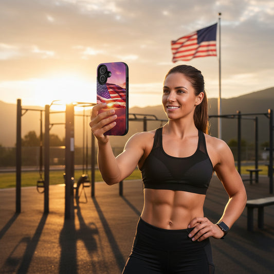 Phone case with American flag at sunset design.