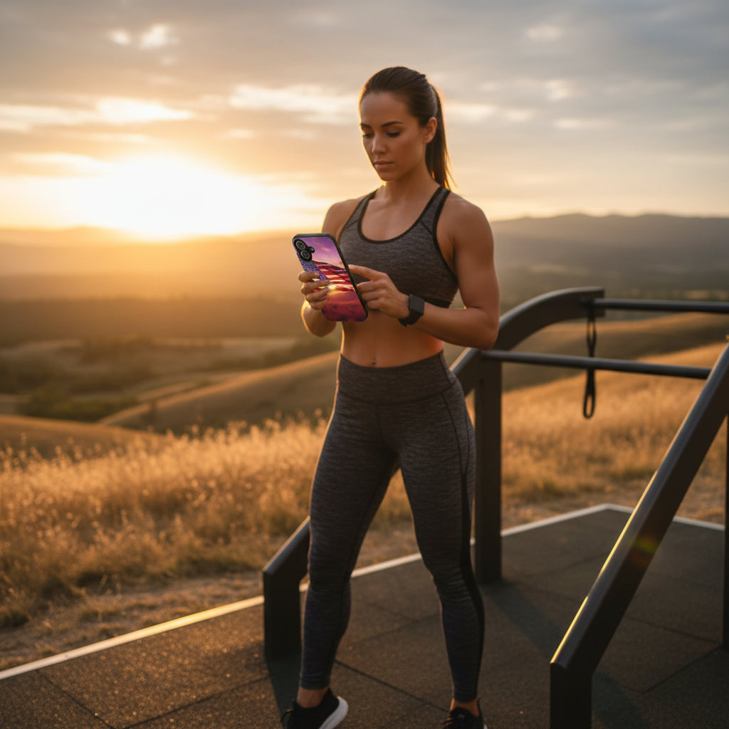 Phone case with American flag at sunset design. 