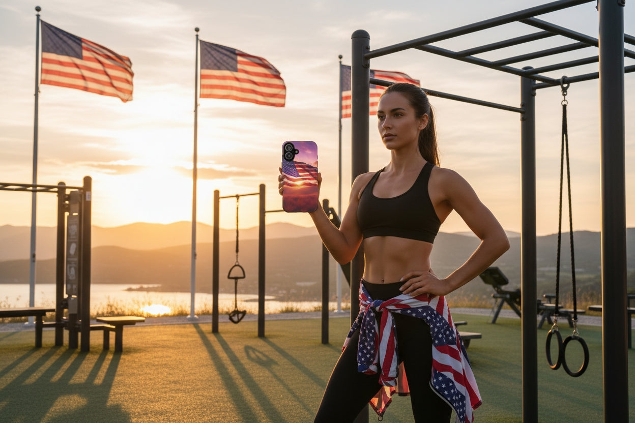 Phone case with American flag at sunset design. 