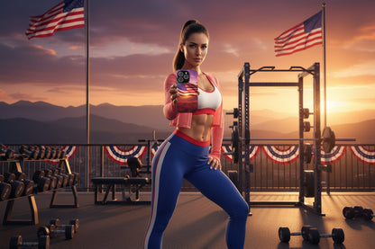 Phone case with American flag at sunset design. 