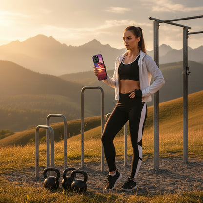 Phone case with American flag at sunset design. 