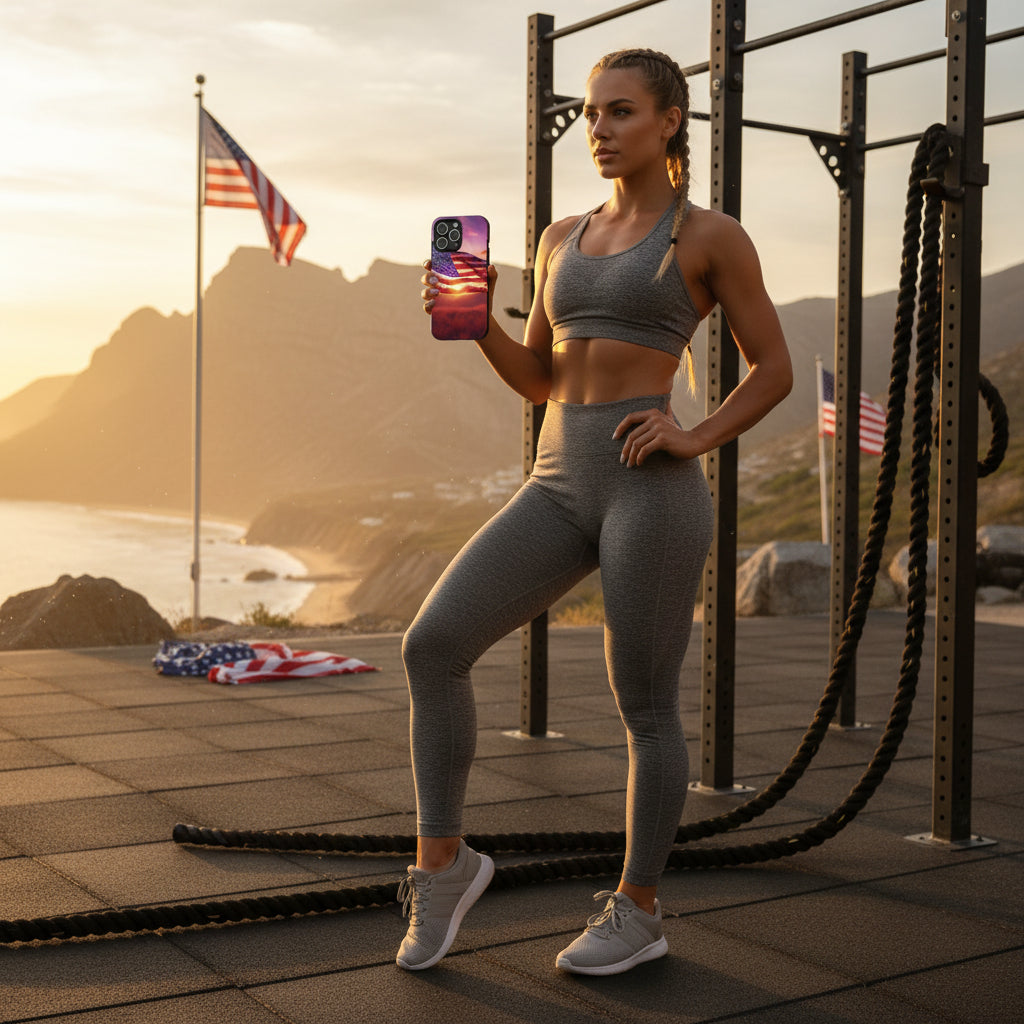 Phone case with American flag at sunset design.
