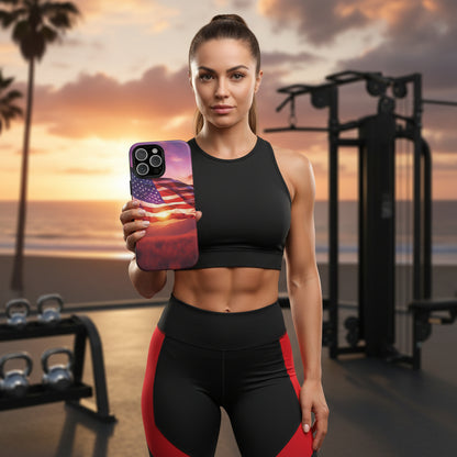 Phone case with American flag at sunset design. 