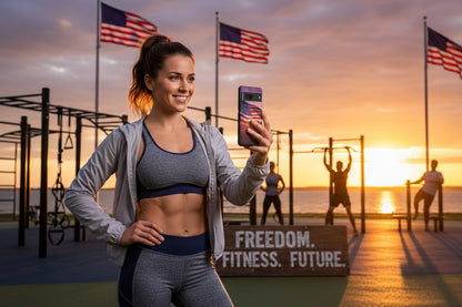 Phone case with American flag at sunset design.