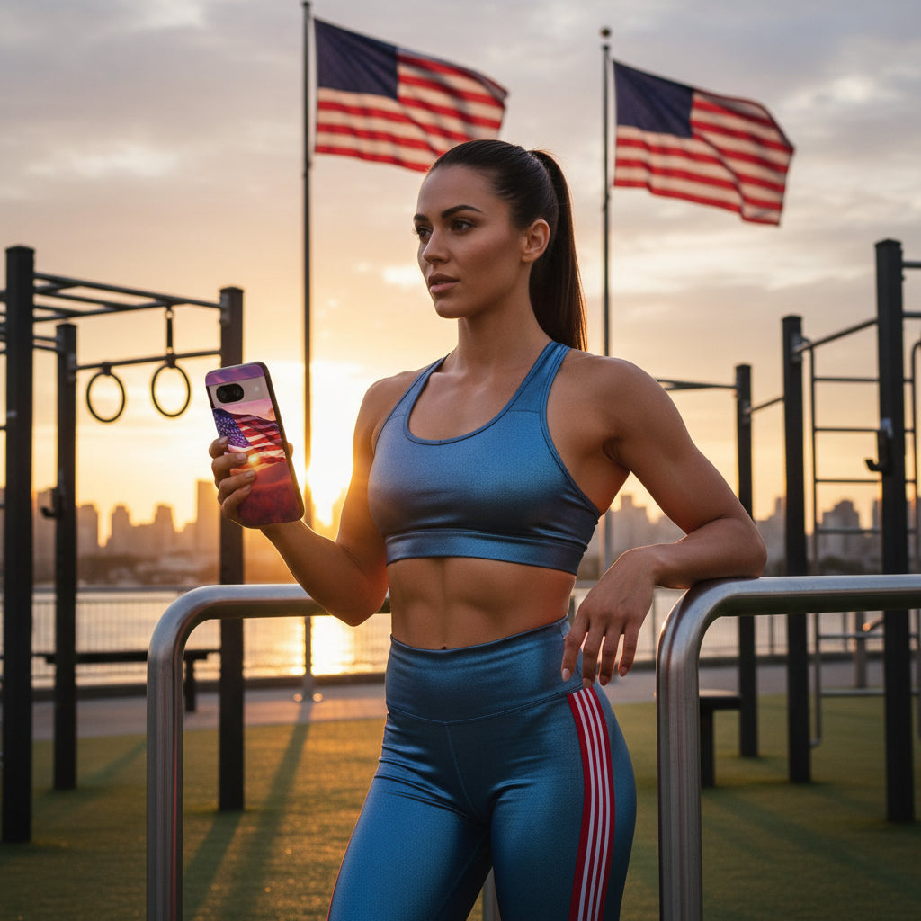 Phone case with American flag at sunset design. 
