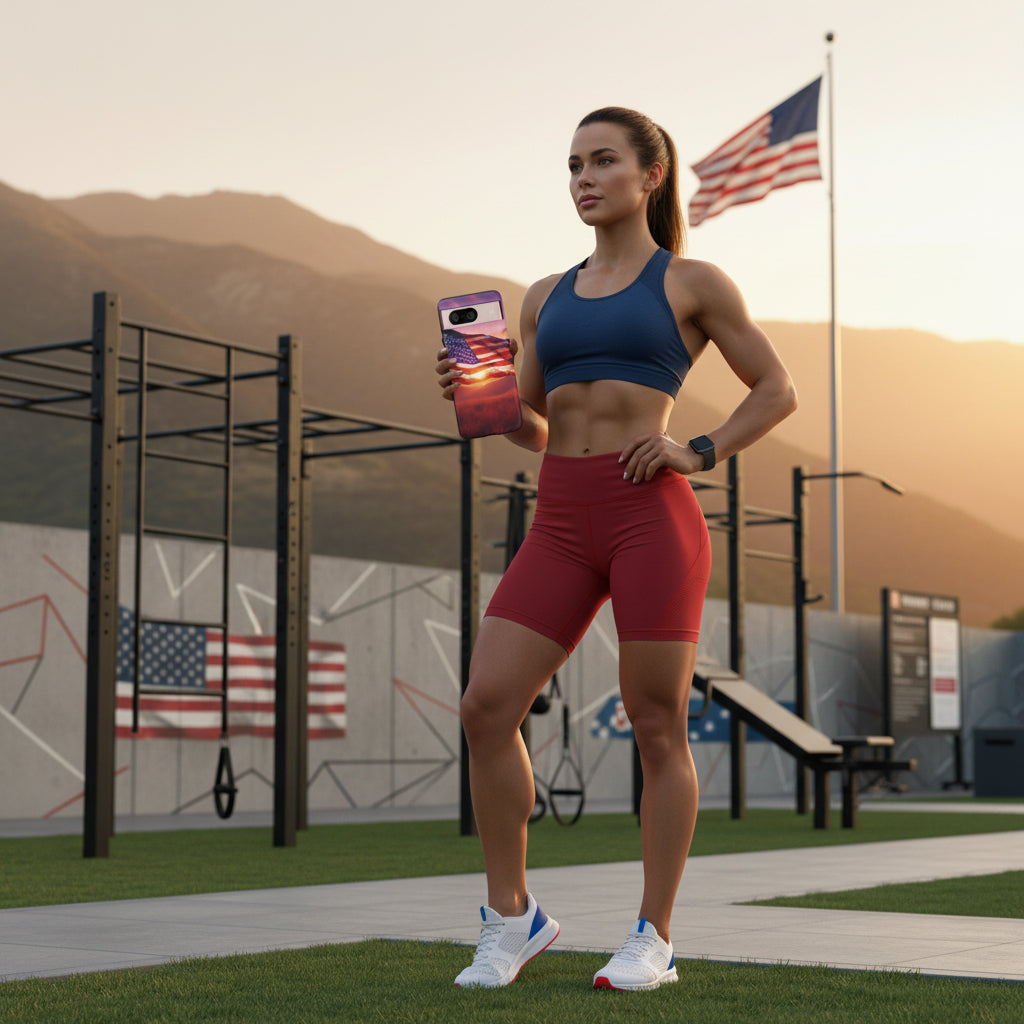 Phone case with American flag at sunset design. 