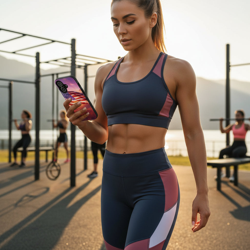 Phone case with American flag at sunset design.