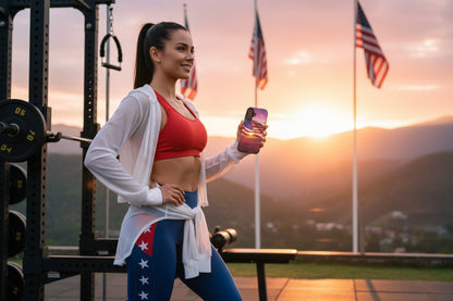 Phone case with American flag at sunset design. 