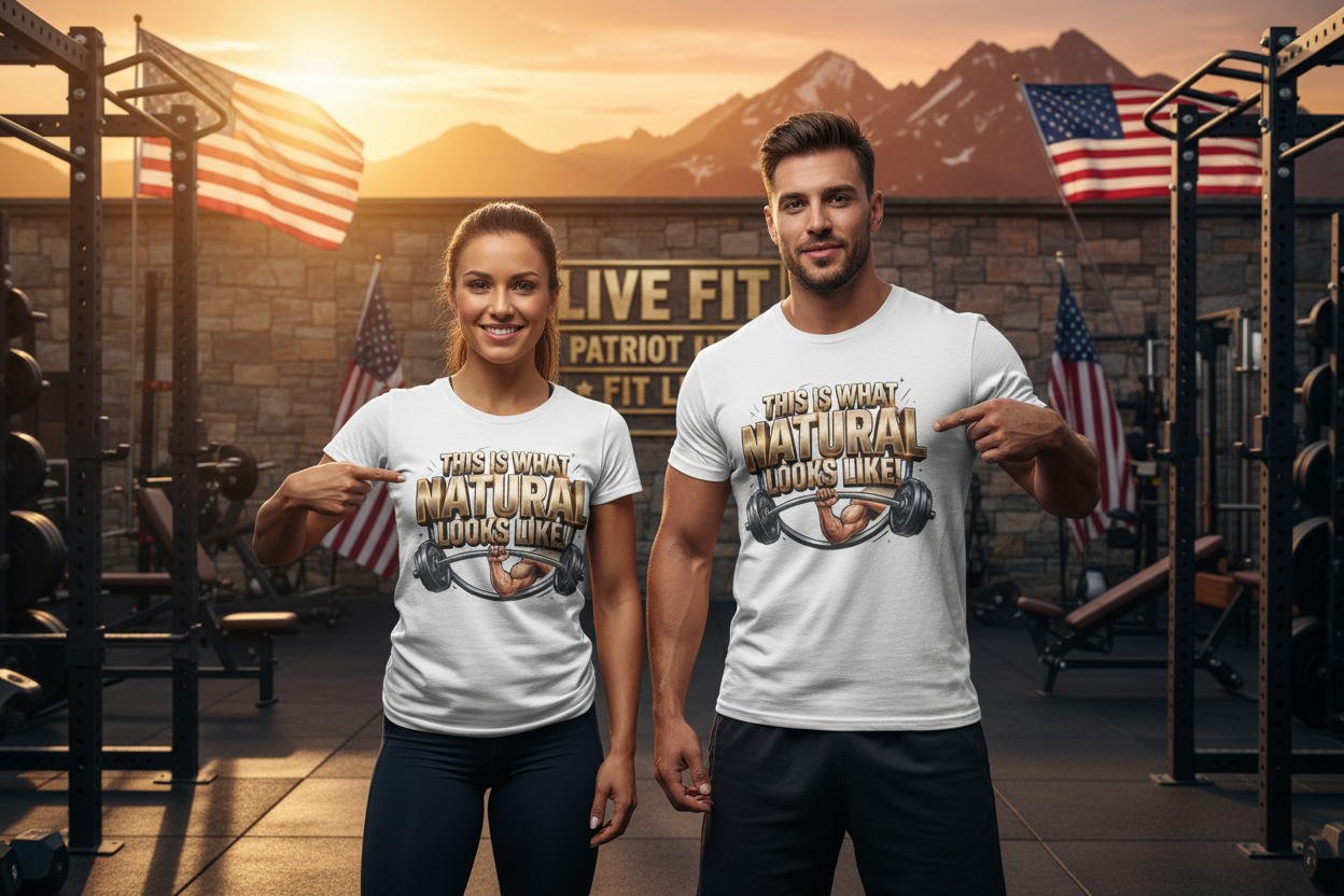 Two people standing in an outdoor gym wearing matching white graphic T-shirts that read 'THIS IS WHAT NATURAL LOOKS LIKE' with a muscular arm graphic. The background shows a warm sunset, mountains, American flags, and gym equipment.