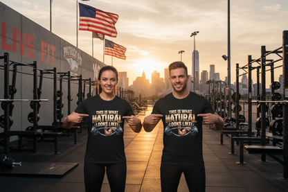 Two people are standing in an outside gym at sunset, wearing matching black graphic T-shirts that read 'THIS IS WHAT NATURAL LOOKS LIKE!'. The background shows weight machines, American flags, a city skyline, and warm golden hour light.