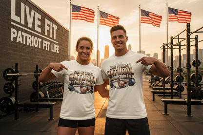 A man and a woman are standing in an outside gym at sunset, wearing matching white graphic t-shirts that say This Is What Natural Looks Like! with patriotic designs and text, pointing at their shirts. The background features weight racks, a brick wall with 'LIVE FIT & PATRIOT FIT LIFE' text, and multiple American flags.