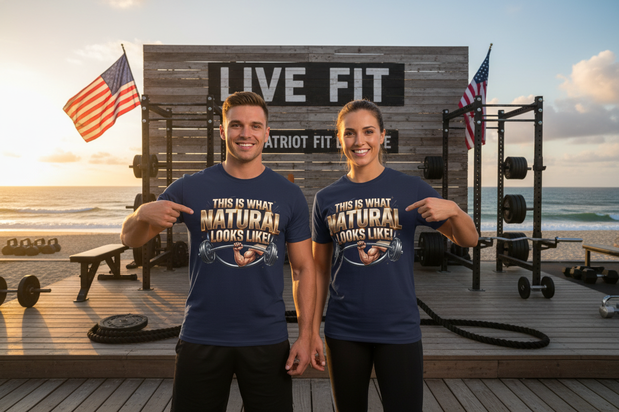 Two people standing on a beach gym deck wearing matching navy blue t-shirts with a graphic that reads 'THIS IS WHAT NATURAL LOOKS LIKE!' pointing at their shirts. Behind them is a wooden sign reading 'LIVE FIT' and 'PATRIOT FIT LIFE!' with American flags and gym equipment visible.