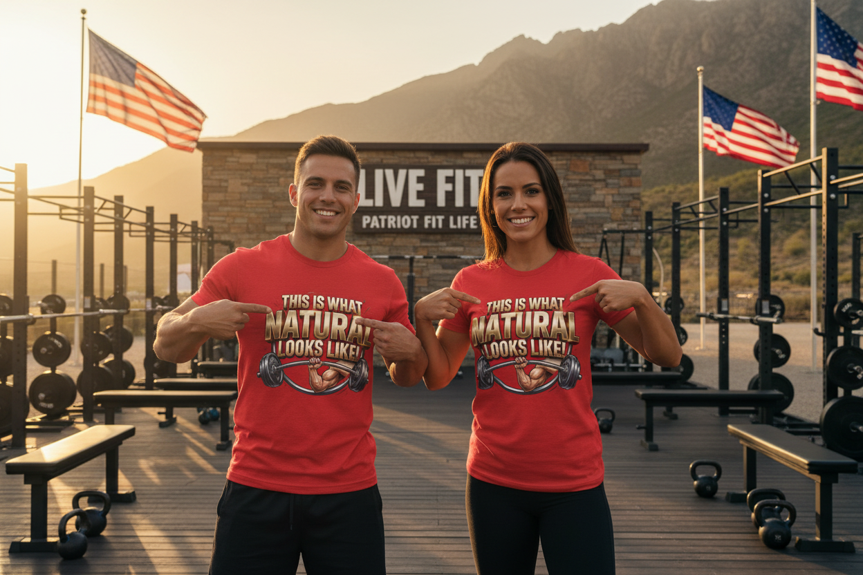 Two people are standing in an outside fitness gym wearing matching red graphic t-shirts with the text 'THIS IS WHAT NATURAL LOOKS LIKE!' pointing at the text. The background features a stone sign reading 'LIVE FIT & PATRIOT FIT LIFE', mountains, American flags, and weight equipment.
