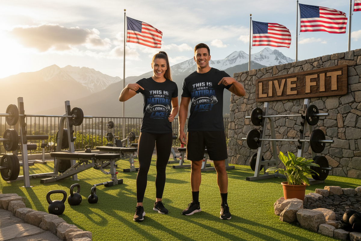 A man and a woman standing in a mountain-view outdoor gym, both wearing matching dark navy graphic T-shirts with 'THIS IS WHAT NATURAL LOOKS LIKE! text, along with black leggings and shorts. Flags, weight machines, a stone wall sign reading 'LIVE FIT', and green turf are visible in the background.