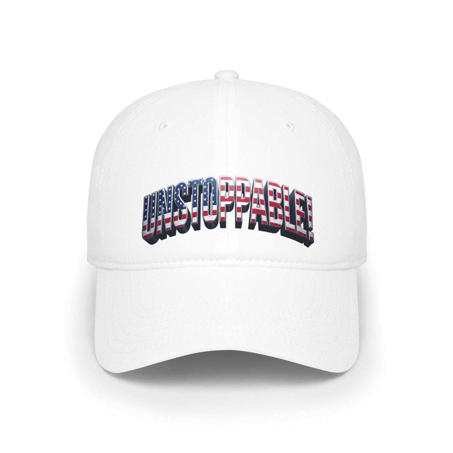 A white baseball cap featuring the word 'UNSTOPPABLE!' across the front in a stylized font filled with an American flag pattern of red, white, and blue.