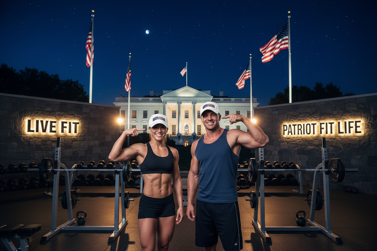 Two fit people wearing matching hats with the UNSTOPPABLE! text posing in front of a gym setup with illuminated signs reading 'LIVE FIT' and 'PATRIOT FIT LIFE' at night, with the White House visible in the background under American flags.