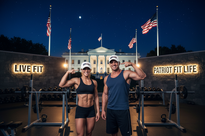 Two fit people wearing matching hats with the UNSTOPPABLE! text posing in front of a gym setup with illuminated signs reading 'LIVE FIT' and 'PATRIOT FIT LIFE' at night, with the White House visible in the background under American flags.