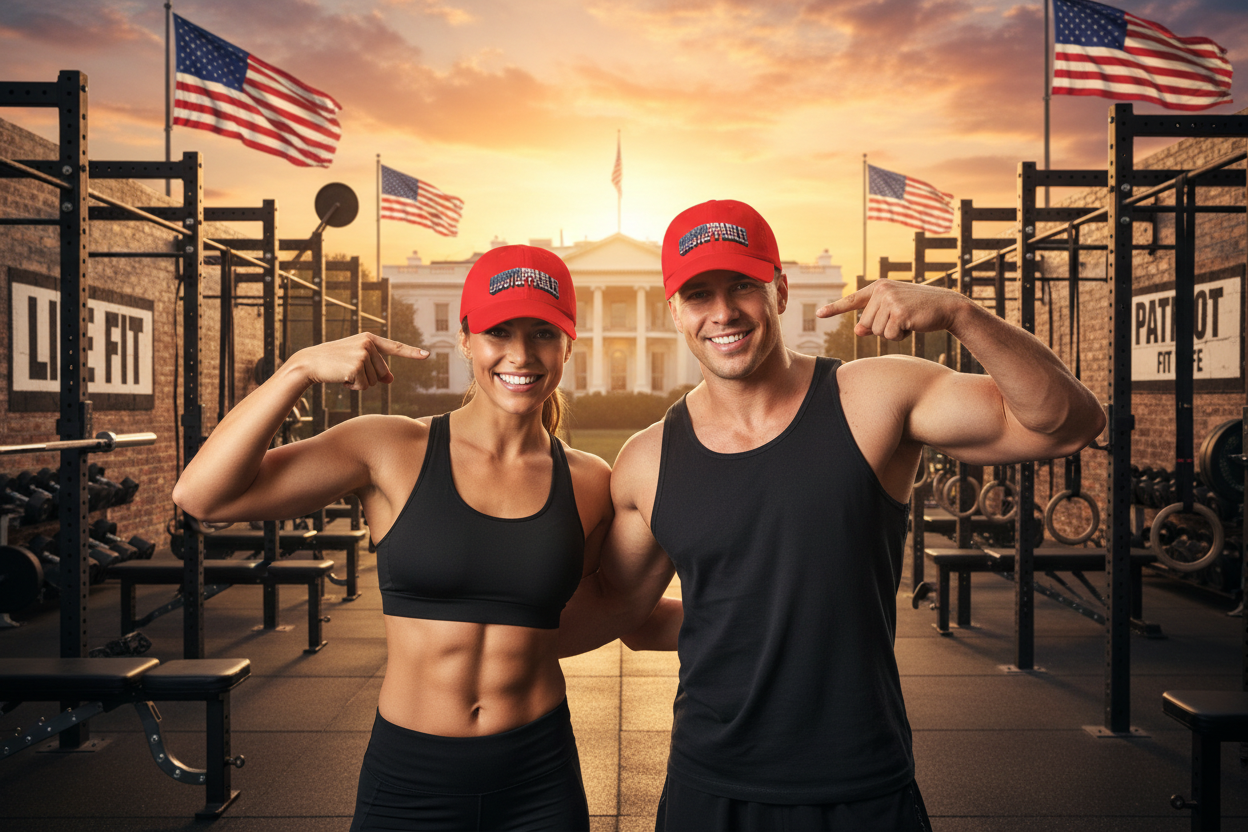 A smiling man and woman pose together in a gym, both wearing matching red baseball caps with the brand name 'UNSTOPPABLE' and black athletic apparel. The background shows an outdoor gym with weight racks, American flags, and a white building at sunset.