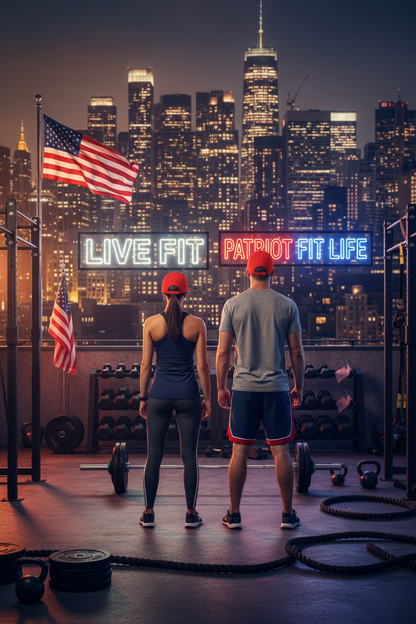 Two people seen from behind in a rooftop gym at night, wearing red caps and athletic wear, with a neon 'LIVE FIT PATRIOT FIT LIFE' sign and a city skyline. American flags hang on the left.