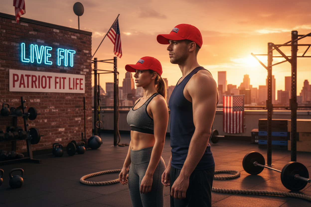 A man and a woman standing on a rooftop gym at sunset, both wearing matching red baseball caps and athletic wear. The background shows a city skyline, a brick wall with a neon sign reading 'LIVE FIT' and 'PATRIOT FIT LIFE,' kettlebells, ropes, and weight equipment.