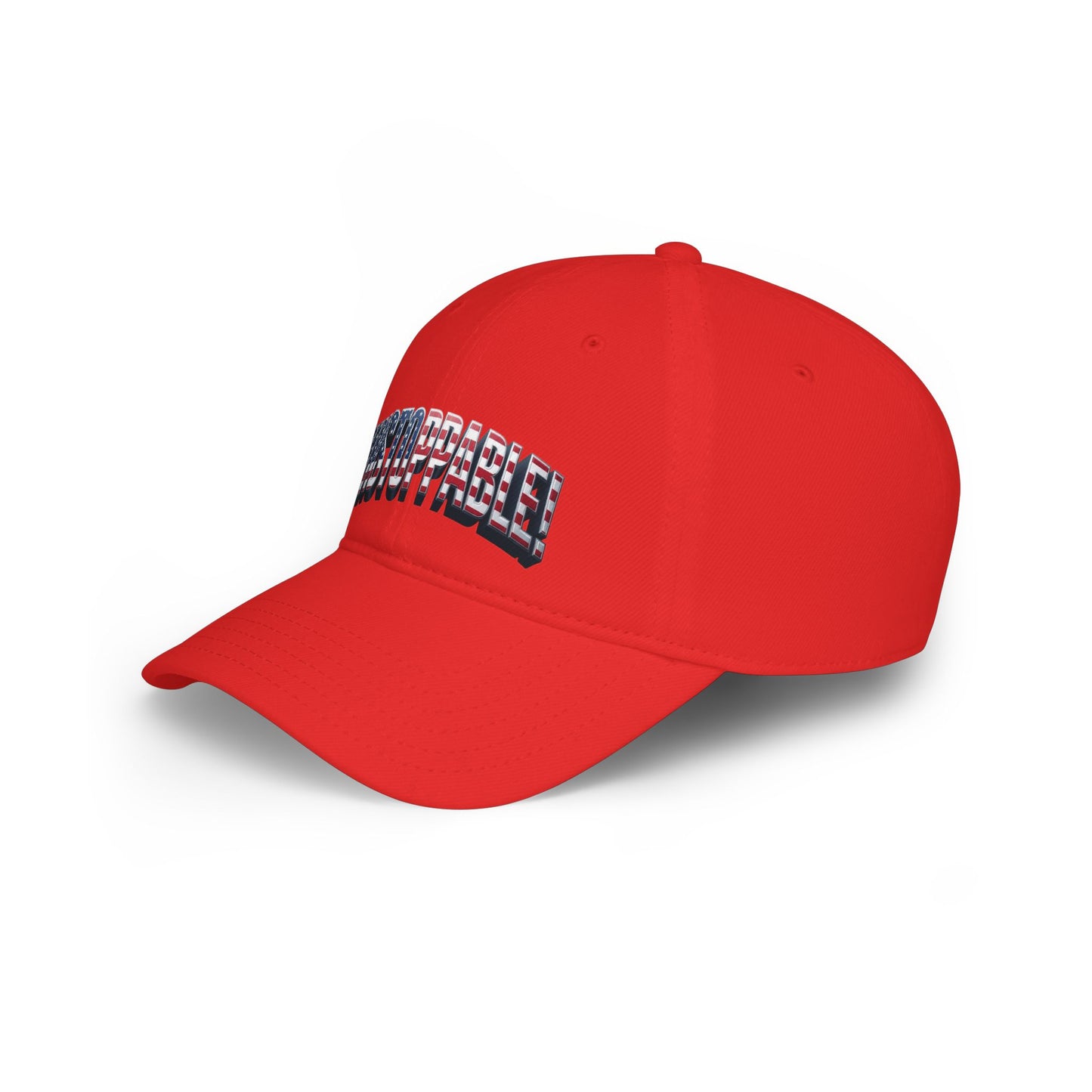 A red baseball cap with a curved brim, featuring a stylized 'UNSTOPPABLE!' text graphic on the side in an American flag pattern of red, white, and blue, set against a clean white background.